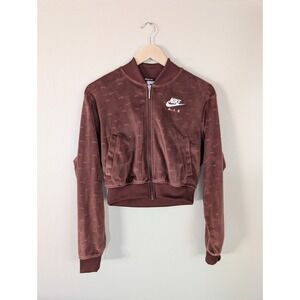 Nike Air Velour Full Zip Cropped Bomber Jacket Brown Allover Swoosh Pattern XS